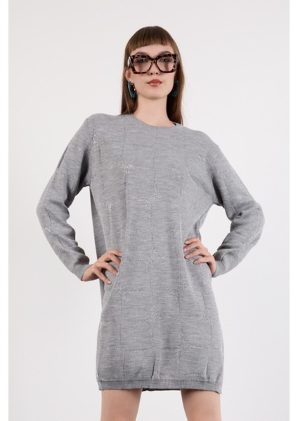 Kadın Gri Yan Yırtmaçlı Bisiklet Yaka Sim Desenli Triko Bluz