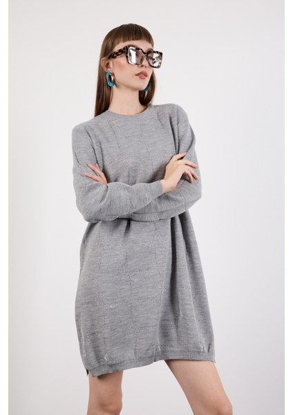 Kadın Gri Yan Yırtmaçlı Bisiklet Yaka Sim Desenli Triko Bluz fiyatları