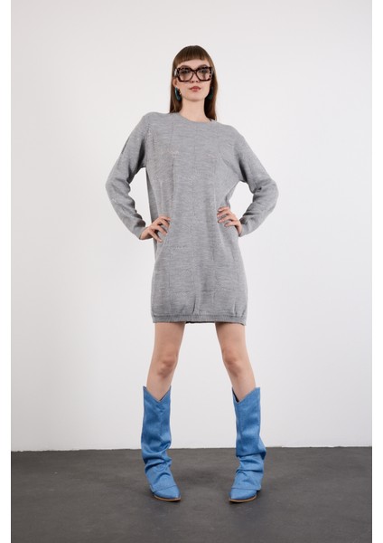 Kadın Gri Yan Yırtmaçlı Bisiklet Yaka Sim Desenli Triko Bluz indirimleri