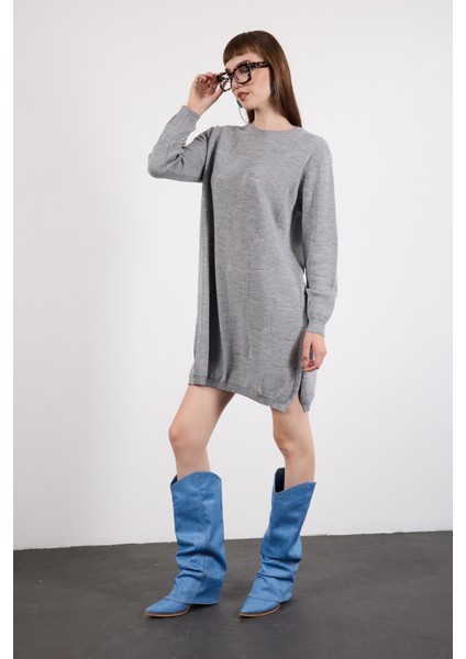 Kadın Gri Yan Yırtmaçlı Bisiklet Yaka Sim Desenli Triko Bluz