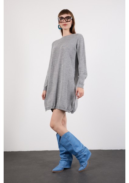 Kadın Gri Yan Yırtmaçlı Bisiklet Yaka Sim Desenli Triko Bluz