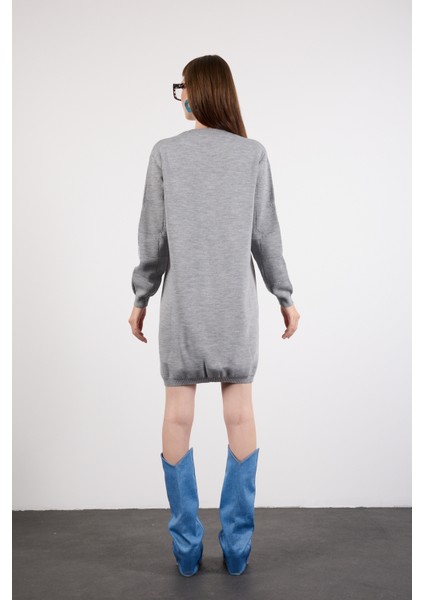 Kadın Gri Yan Yırtmaçlı Bisiklet Yaka Sim Desenli Triko Bluz