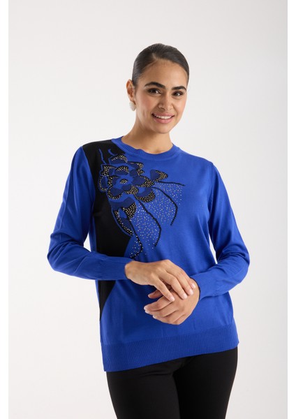 Kadın Saks Mavisi Elit Viskon Kumaş Taş Detaylı Bisiklet Yaka Triko Bluz