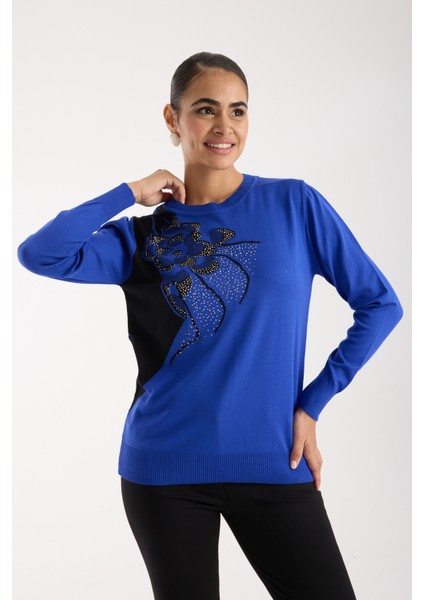 Kadın Saks Mavisi Elit Viskon Kumaş Taş Detaylı Bisiklet Yaka Triko Bluz fiyatları