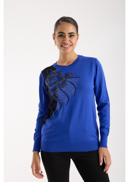 Kadın Saks Mavisi Elit Viskon Kumaş Taş Detaylı Bisiklet Yaka Triko Bluz modelleri