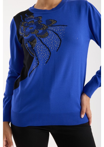 Kadın Saks Mavisi Elit Viskon Kumaş Taş Detaylı Bisiklet Yaka Triko Bluz fırsatları