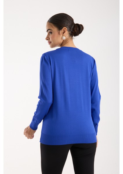 Kadın Saks Mavisi Elit Viskon Kumaş Taş Detaylı Bisiklet Yaka Triko Bluz indirimleri