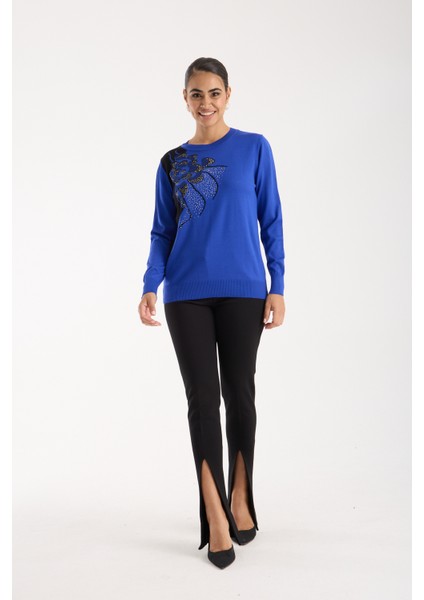 Kadın Saks Mavisi Elit Viskon Kumaş Taş Detaylı Bisiklet Yaka Triko Bluz