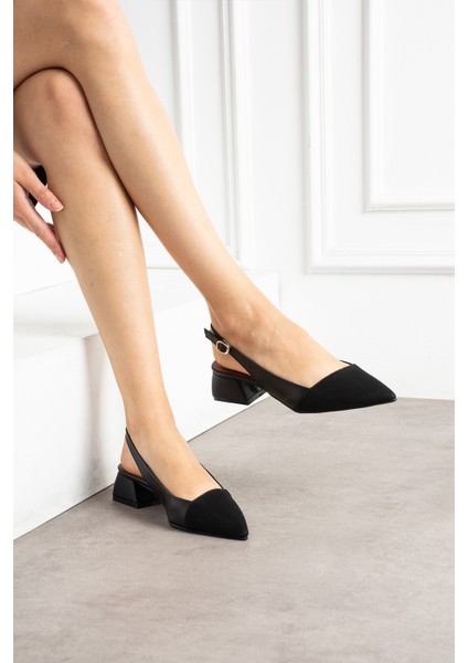 Siyah Mat Önü Siyah Saten Bilek Kemer Detaylı Sivri Burun Kısa Topuklu Kadın Babet