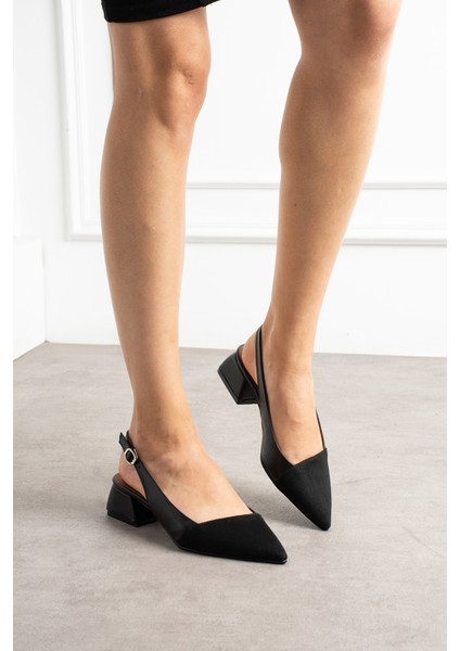 Siyah Mat Önü Siyah Saten Bilek Kemer Detaylı Sivri Burun Kısa Topuklu Kadın Babet fırsatları