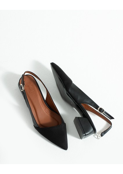 Siyah Mat Önü Siyah Saten Bilek Kemer Detaylı Sivri Burun Kısa Topuklu Kadın Babet