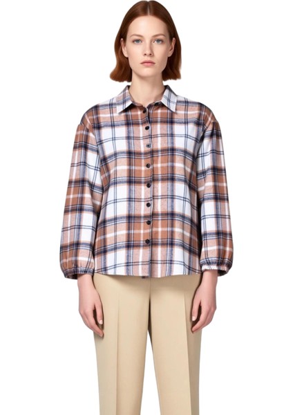 Kadın Ekose Desenli Uzun Kollu Oversize Gömlek Dokuma Kumaş Rahat Kesim Fonksiyonel Modern