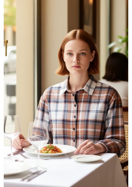 Kadın Ekose Desenli Uzun Kollu Oversize Gömlek Dokuma Kumaş Rahat Kesim Fonksiyonel Modern modelleri