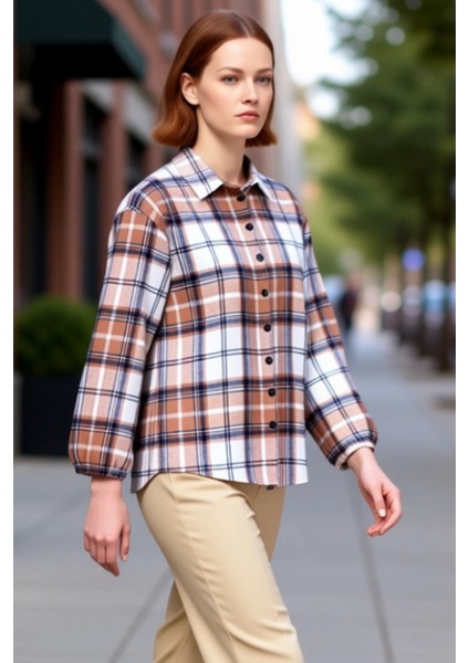 Kadın Ekose Desenli Uzun Kollu Oversize Gömlek Dokuma Kumaş Rahat Kesim Fonksiyonel Modern indirimleri