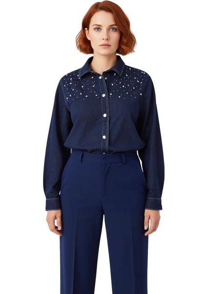 Kadın Büyük Beden Taş Işlemeli Denim Gömlek Günlük Stilinize Işıltılı Bir Dokunuş Katın Şık