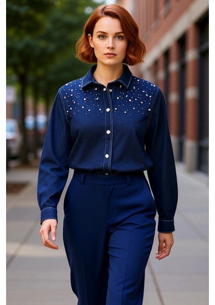 Kadın Büyük Beden Taş Işlemeli Denim Gömlek Günlük Stilinize Işıltılı Bir Dokunuş Katın Şık indirimleri
