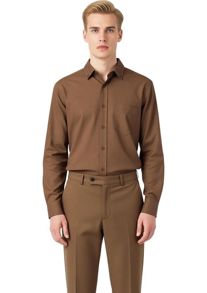 Erkek Düz Renk Gabardin Dokulu Regular Fit Uzun Kollu Casual Gömlek Günlük Şıklık Sunar Şık