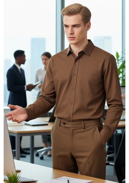 Erkek Düz Renk Gabardin Dokulu Regular Fit Uzun Kollu Casual Gömlek Günlük Şıklık Sunar Şık fırsatları