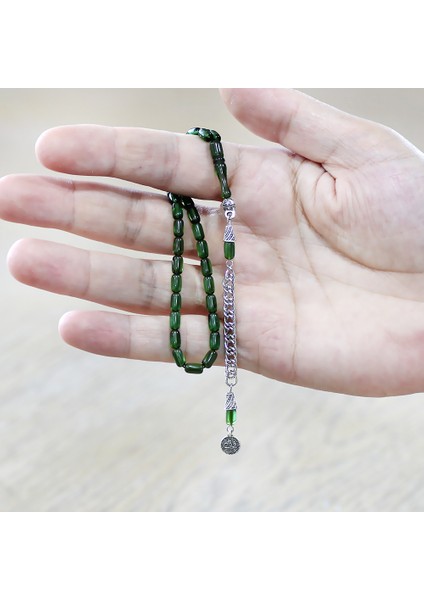 Ateş Kehribar Tesbih - Kararmaz Metal Püsküllü - Mini Boy - Yeşil Renk - Kapsül Kesim fırsatları