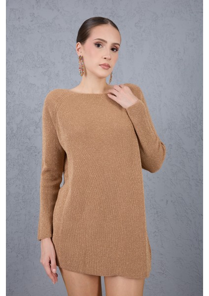 Kadın Bej Reglan Kollu Kayık Yaka Simli Triko Kazak fiyatları