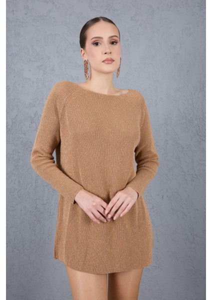 Kadın Bej Reglan Kollu Kayık Yaka Simli Triko Kazak modelleri