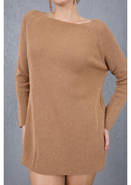 Kadın Bej Reglan Kollu Kayık Yaka Simli Triko Kazak fırsatları