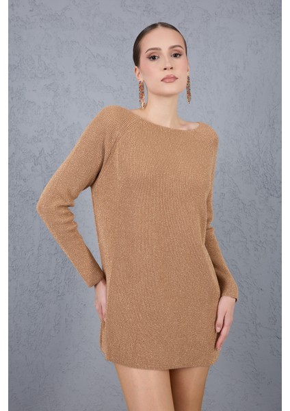 Kadın Bej Reglan Kollu Kayık Yaka Simli Triko Kazak indirimleri