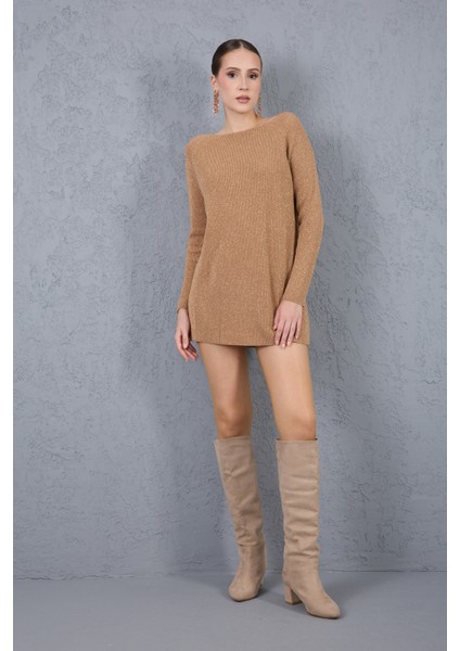Kadın Bej Reglan Kollu Kayık Yaka Simli Triko Kazak