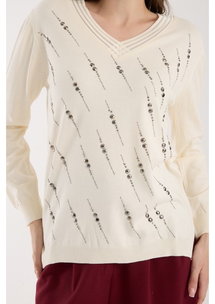 Kadın Ekru Elit Viskon Kumaş Taş Detaylı Sim Biyeli Yan Yırtmaçlı V Yaka Triko Bluz modelleri