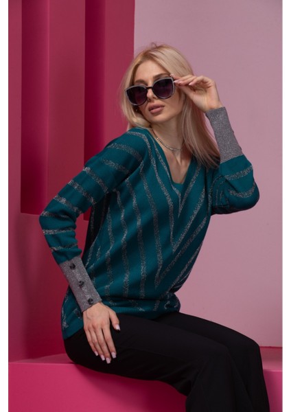 Bondi Mavisi Çizgili V Yaka Kadın Kazak