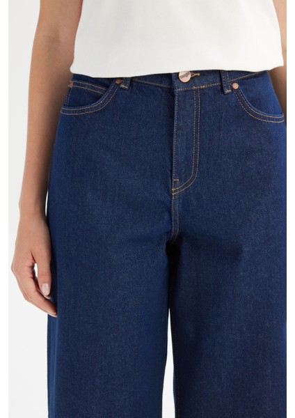 %100 Pamuk Wide Leg Yüksek Bel Geniş Paça Koyu Mavi Denim Pantolon fırsatları