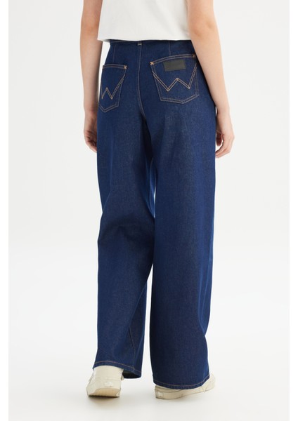 %100 Pamuk Wide Leg Yüksek Bel Geniş Paça Koyu Mavi Denim Pantolon indirimleri