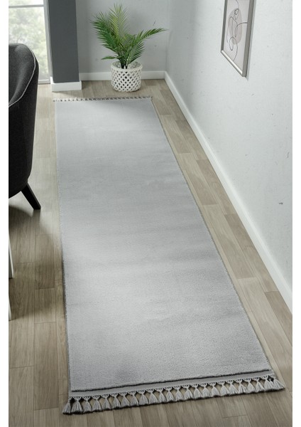 Cloudy Açık Gri Saçaklı Peluş Yolluk Yumuşacık Yıkanabilir Kaymaz Taban Halı Salon Oturma Odası