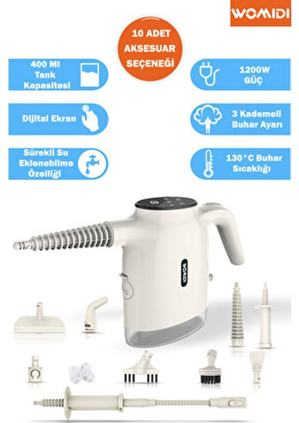 El Tipi Dijital Ekranlı Buharlı Temizleyici-Sürekli Su Doldurulabilir 10 Aparatlı 400ML