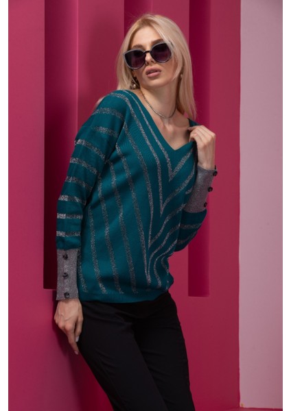 Bondi Mavisi Çizgili V Yaka Kadın Kazak modelleri