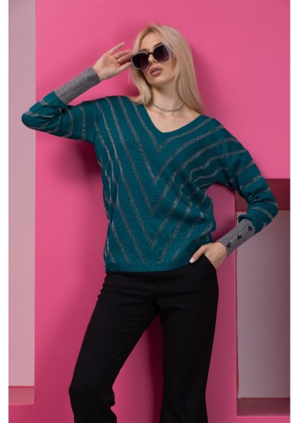 Bondi Mavisi Çizgili V Yaka Kadın Kazak fırsatları