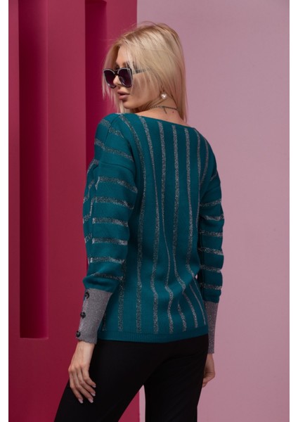 Bondi Mavisi Çizgili V Yaka Kadın Kazak indirimleri