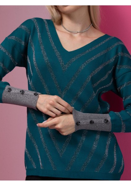 Bondi Mavisi Çizgili V Yaka Kadın Kazak