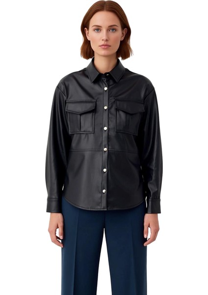 Kadın Düz Desen Suni Deri Gömlek Uzun Kollu Rahat Kalıp Gündelik Stilinizi Tamamlar Modern