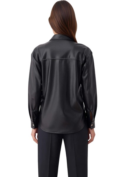 Kadın Düz Desen Suni Deri Gömlek Uzun Kollu Rahat Kalıp Gündelik Stilinizi Tamamlar Modern fiyatları