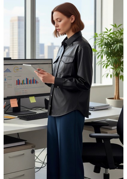 Kadın Düz Desen Suni Deri Gömlek Uzun Kollu Rahat Kalıp Gündelik Stilinizi Tamamlar Modern fırsatları