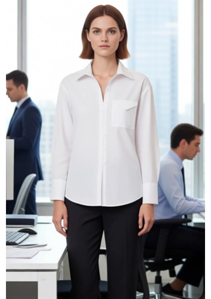 Kadın Düz Renk Cep Detaylı Uzun Kollu Dokuma Gömlek Günlük ve Resmi Ortamlara Uyumlu Rahat fırsatları