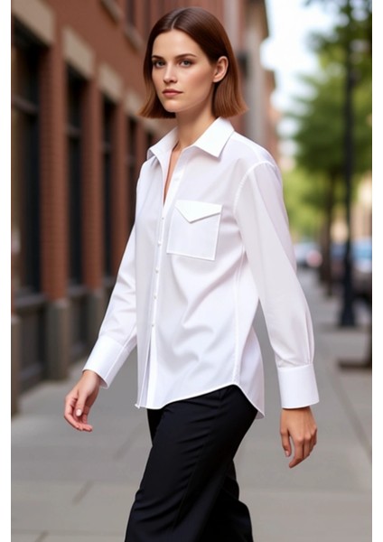 Kadın Düz Renk Cep Detaylı Uzun Kollu Dokuma Gömlek Günlük ve Resmi Ortamlara Uyumlu Rahat indirimleri