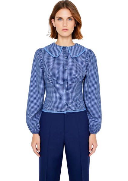 Kadın Bele Oturan Bebe Yaka Detaylı Kareli Uzun Kollu Gömlek Fonksiyonel Dayanıklı Estetik