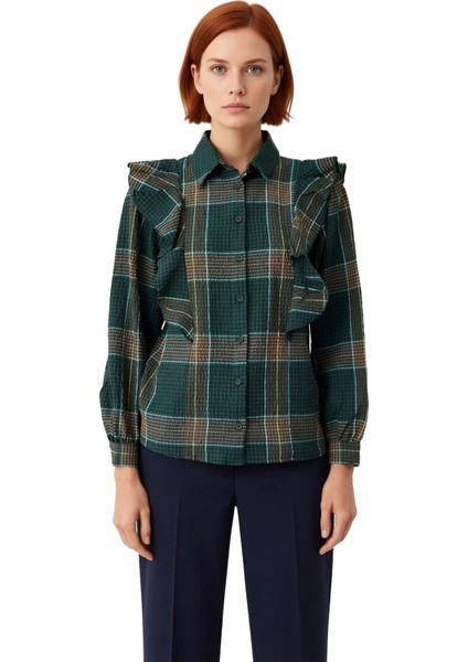 Kadın Dokulu Ekose Desenli Fırfır Detaylı Gömlek Fonksiyonel Dayanıklı Kaliteli Konforlu Şık