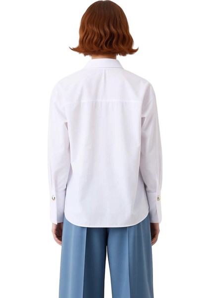 Kadın Düşük Kol Gömlek Yaka Düz Oversize Kesim Gümüş Tokalı Gömlek Güncel Tasarım Kaliteli fiyatları