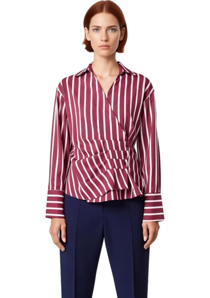 Kadın Çizgili Kruvaze Yaka Uzun Kollu Pili Detaylı Dokuma Bluz Fonksiyonel Dayanıklı Rahat