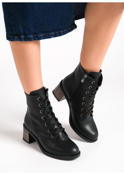 Lux Bağcıklı Fermuarlı Ortopedik Taban Suya ve Soğuğa Dayanıklı Topuklu Cilt Kadın Bot St Siyah fırsatları