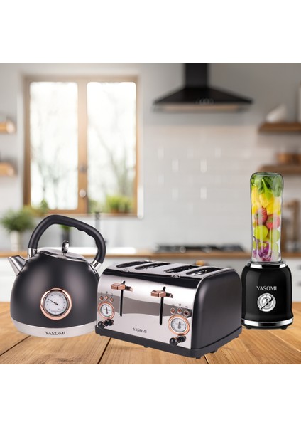 Premium Kahvaltı Seti Su Isıtıcı Kettle + Smoothie Blender + Ekmek Kızartma Makinesi (Siyah)