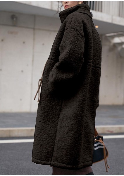 Peluş Beli Bağcıklı Kışlık Kadın Fermuarlı Tüylü Ceket